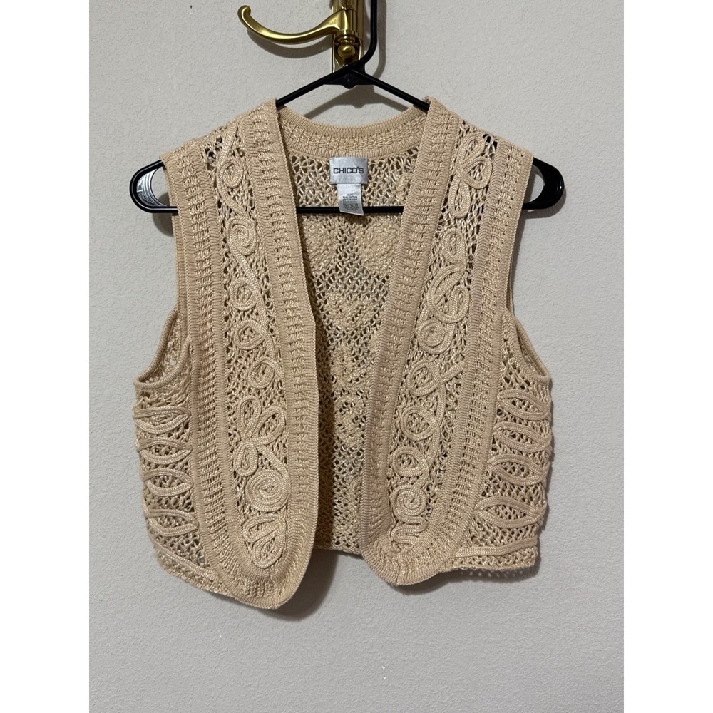 Chico's Crochet Knit Vest Women Size 0 Tan Beige Floral Soutache Open Front